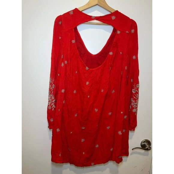 Free People Sweet Tennessee Red Embroidered Bohemian V-Neck Mini Dress Small - Picture 6 of 9